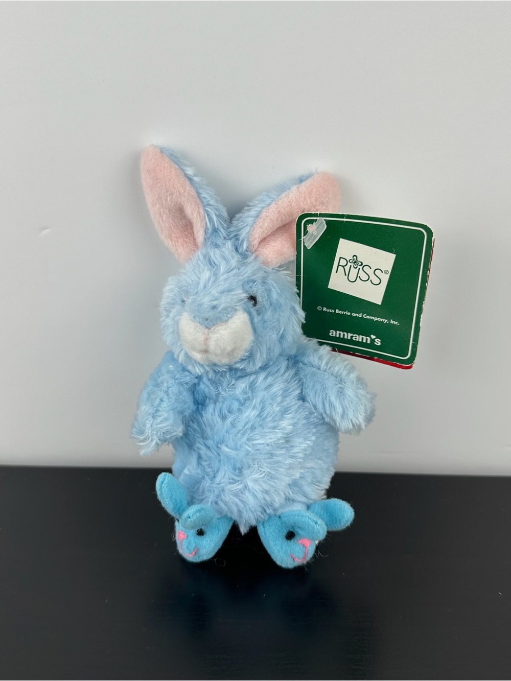 Russ Berrie Rare Woolies Blue Rabbit in Bunny Slippers 5” #27682 Plush